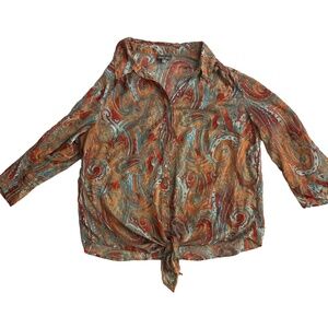 Roz & Ali Sheer Paisley Pattern Front Tie Collared ButtonDown Blouse 2X